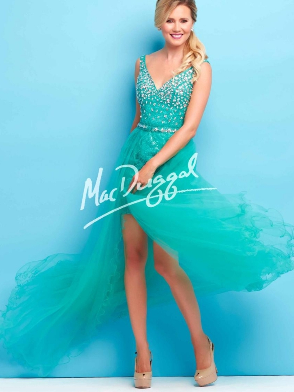 Flash by Mac Duggal Teal Sequin Sheer Skirt Formal Gown 10 Gold Embellishment